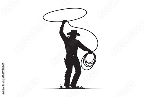 Silhouette of a cowboy skillfully spinning a lasso in a western setting