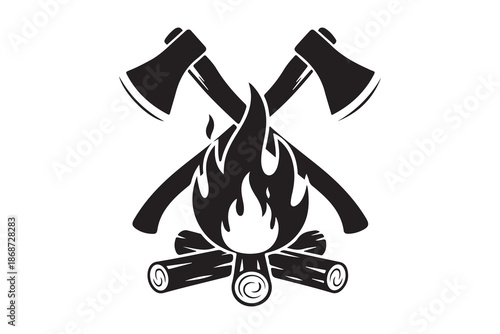 A striking black and white image of crossed axes and a campfire