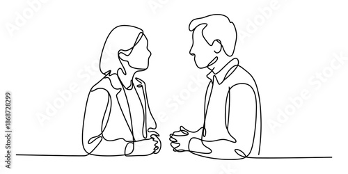 A continuous line drawing illustration depicting a man and woman engaged in a face-to-face conversation or meeting Vector, illustration