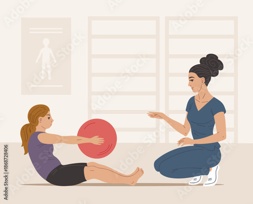 Physical therapy doctor helping child exercise abdominal muscles with ball