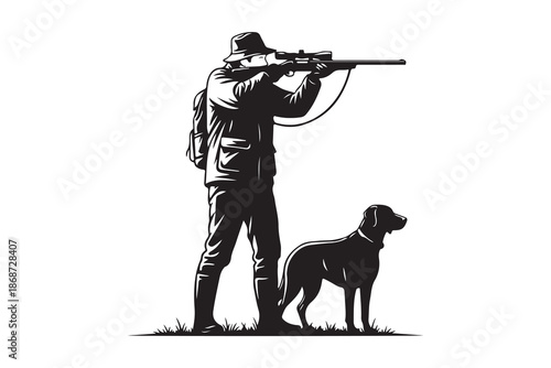 Hunter aiming with rifle accompanied by a loyal canine companion in silhouette