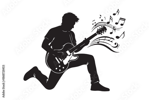 Silhouette of a guitarist playing with musical notes flowing around him