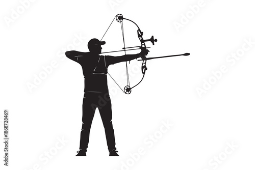 Silhouette of an archer drawing a modern compound bow aiming with focus