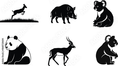 Six black and white animal silhouettes on a white background