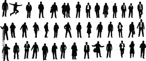Business people silhouettes collection isolated on white background showing standing walking talking and professional poses for corporate design use