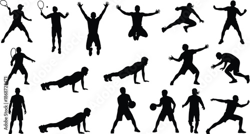 Sport and fitness silhouettes set showing athletes jumping, training, exercising, playing tennis, basketball, workouts and action poses