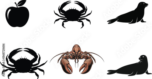 Silhouettes of a fruit and various sea creatures
