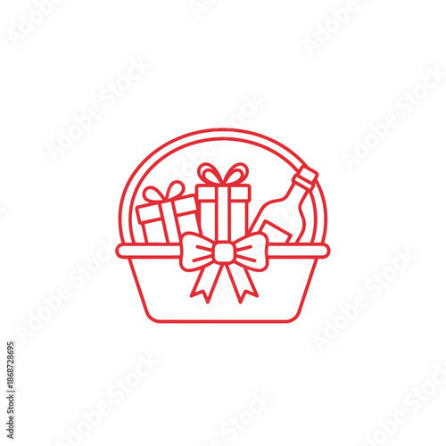 Gift Basket Icon with Presents and Bottle, Red Outline on White Background