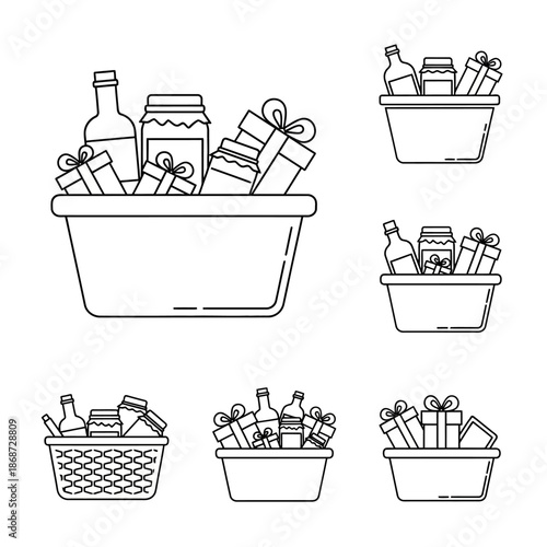 Gift Basket Line Art Icons: Food, Wine, and Presents