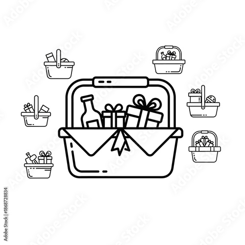 Gift basket outline icons with main picnic basket filled with presents