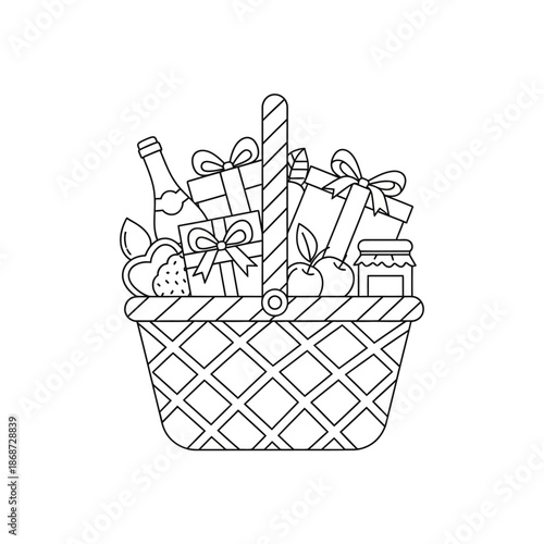 Gift Basket Line Art: Presents, Wine, Jam, Fruit - Celebration and Gifting Concept