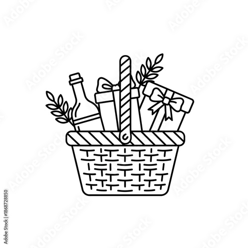 Gift basket line art with bottle, gifts and leaves, celebration hamper icon