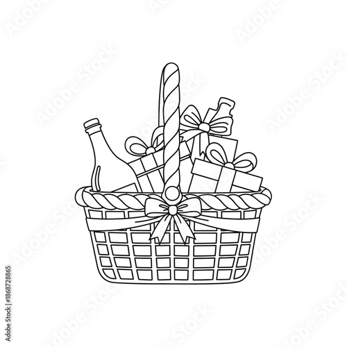 Gift Basket Outline with Presents and Bottle, Holiday Celebration Design Element