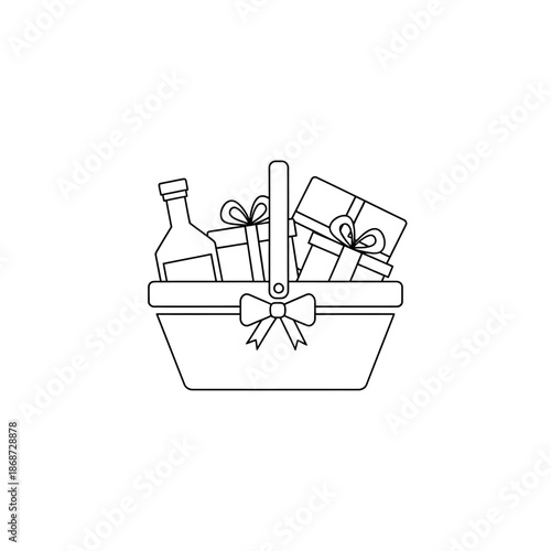Gift Basket Outline Icon: Bottle, Boxes, Bow, Celebration