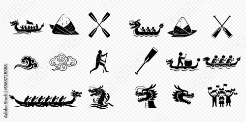 Dragon Boat Festival icons set with traditional elements like boats, paddles, and zongzi dumplings in black and white.