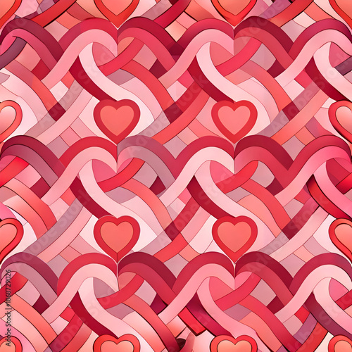 Abstract heart pattern in various shades of pink and red. Seamless design with interwoven heart shapes in a repeating pattern.
