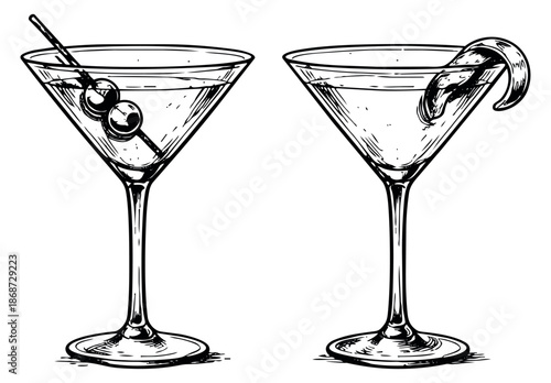 Hand drawn line art martini glass set featuring a drink with olives and another with a lemon twist for bar and restaurant menus