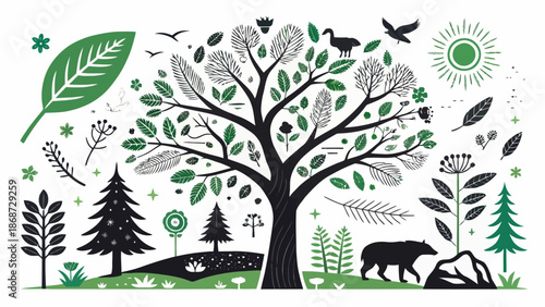 Vibrant forest ecosystem with tree, bear, and wildlife in harmony