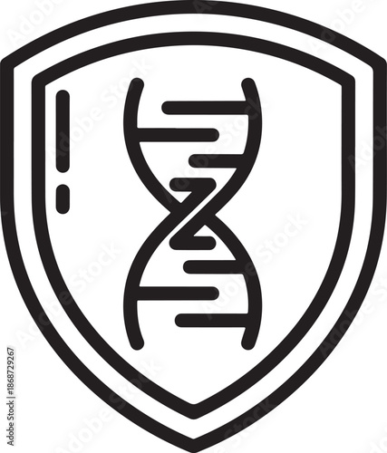 Genetic Data Privacy Icon Featuring a DNA Helix Inside a Protective Shield in Outline Style