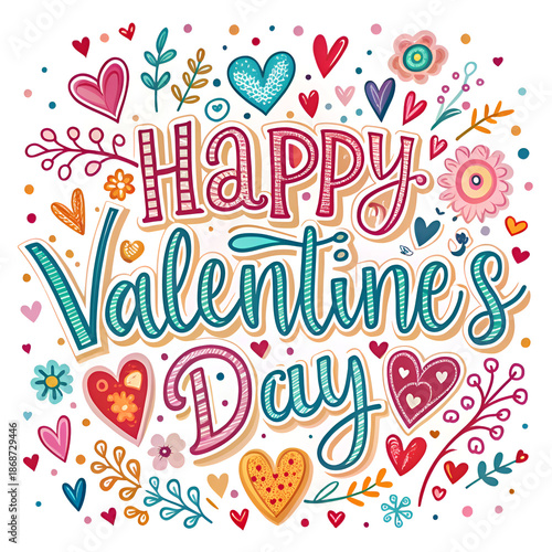 Happy Valentine's Day graphic design with colorful decorative elements. Whimsical text and floral design with hearts and other decorative elements displayed on white background.