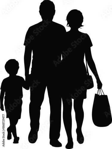 family silhouette parents and child walking together holding hands everyday life parenting love unity black shadow illustration