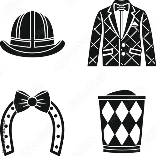 Hat, jacket, horseshoe, magic, circus, bowler, suit, fashion, entertainment, performance, retro, costume, carnival, luck, show