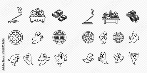 Set of various traditional Asian cultural and spiritual elements with cute ghost characters.