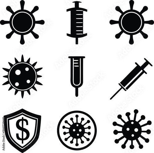 Virus, vaccine, syringe, medical, covid, bacteria, injection, health, science, shield, flu, needle, protection, cure, biology