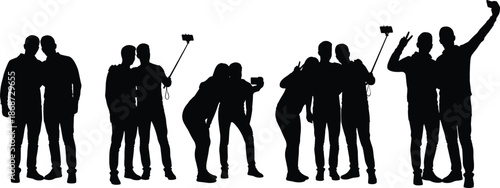 friends taking selfies silhouette group of people posing together smartphone photography social media lifestyle black shadow illustration