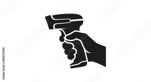 A stark black and white depiction of a hand firmly gripping a futuristic handgun silhouette