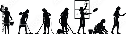 House cleaning woman silhouette set featuring maid chores vacuuming dusting mopping scrubbing window washing housekeeping vector illustrations daily home tasks