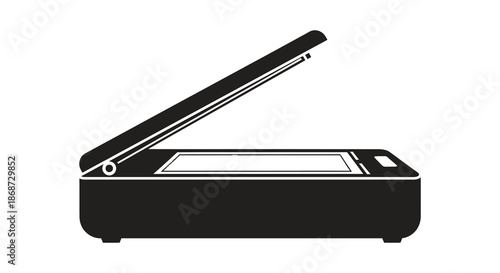 A black and white representation of an open flatbed scanner showcasing its design silhouette
