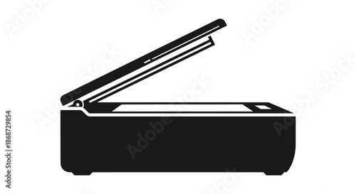 A black and white illustration of an open scanner device displaying its internal components silhouette