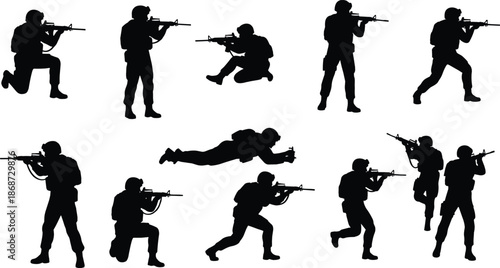 military soldier silhouettes with rifles tactical combat poses armed forces special operations action figures isolated on white background