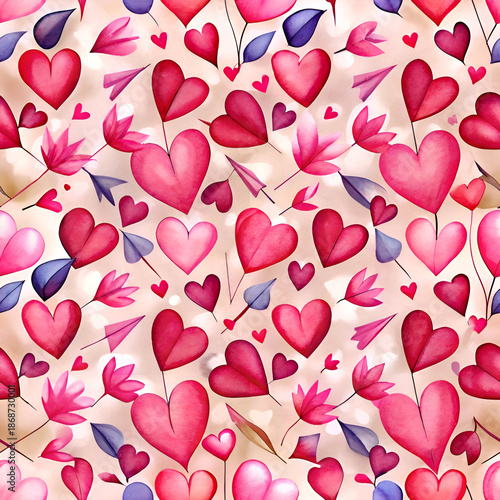 Romantic heart pattern with floral and arrow accents on a light beige background. A whimsical design with various sizes and shades of pink and red hearts. flowers. and arrows.
