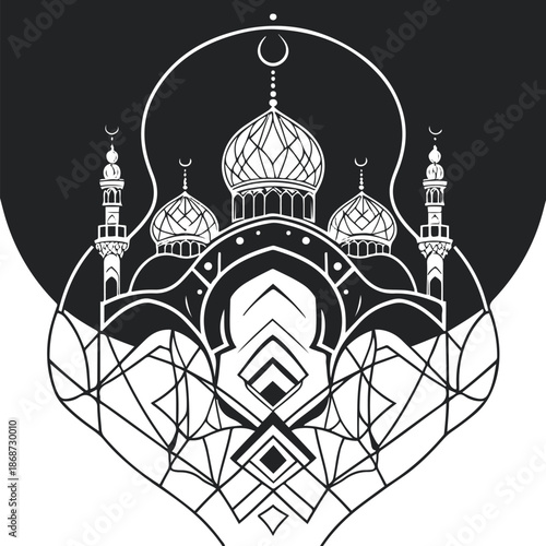 Abstract line art of a mosque-inspired dome shape using non-specific geometry, black and white vector 2