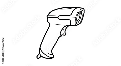 A detailed black and white line drawing of a handheld barcode scanner silhouette