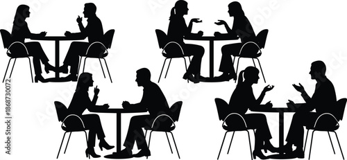 People having conversation at table silhouettes set, business meeting, discussion, interview, negotiation, communication concept illustration