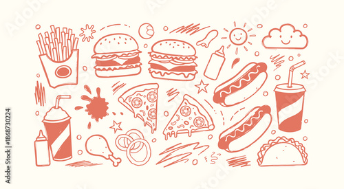 Hand drawn horizontal vector illustration of fast food doodles including burgers pizza and hot dogs

