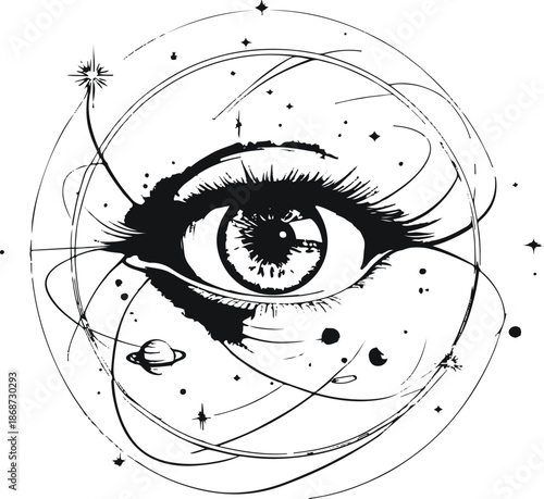 Abstract line art of a human eye with cosmic elements and orbital lines, black and white vector, modern surreal concept 3