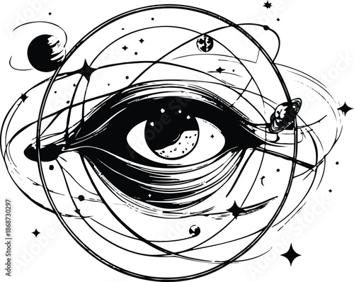 Abstract line art of a human eye with cosmic elements and orbital lines, black and white vector, modern surreal concept 2