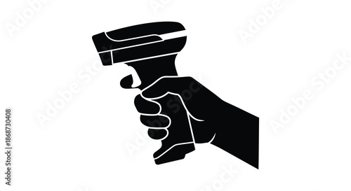A striking black silhouette of a hand firmly grasping a barcode scanner technology illustration silhouette