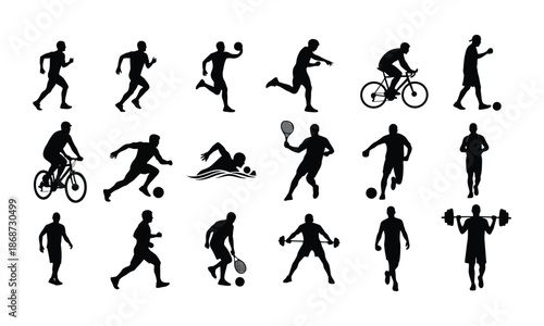 Black Human Silhouette Set of Sports and Action Poses,  people silhouette, sport 