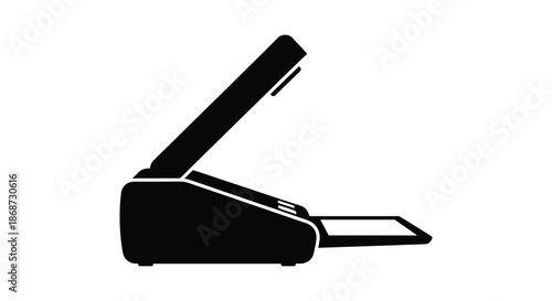 A simple black and white illustration of a modern office scanner in a stark silhouette