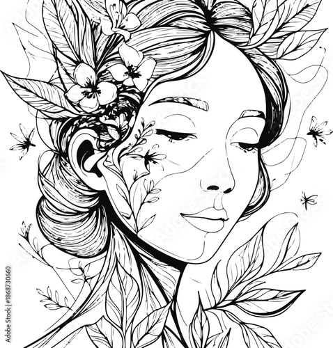 Abstract line art of a calm female face merged with botanical elements, clean black vector lines, modern artistic style, no realism 2