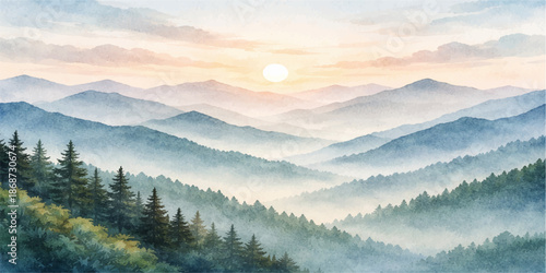 A panoramic mountain landscape at dawn features a mist-covered valley and snowy peaks under a golden sunrise sky with soft clouds and a dense forest morning fog