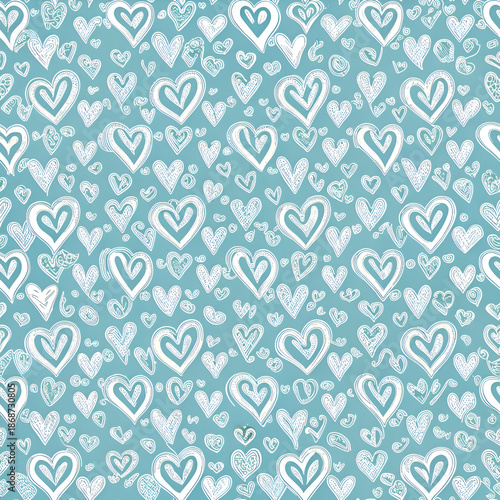 Abstract pattern of various stylized hearts in white on a light teal background. A simple. whimsical design with a soft. pastel tone.