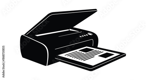 A stark black and white depiction of a flatbed scanner with a document silhouette