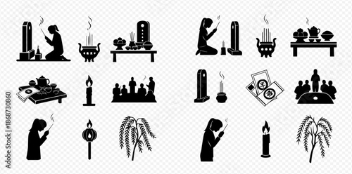 Buddhist and Japanese funeral ritual icons, including praying people, candles, incense, and offerings.