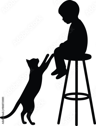 Silhouette of child sitting on stool reaching toward playful cat, heartwarming interaction scene showing pet companionship, curiosity, friendship, bonding and animal connection